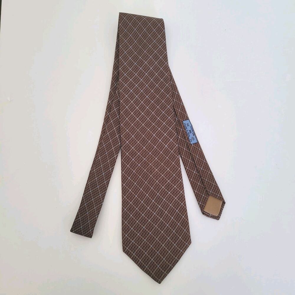 Dunhill Men's Neck Tie Made In Italy Designer Silk‎ Brown Blue Geometric Classic